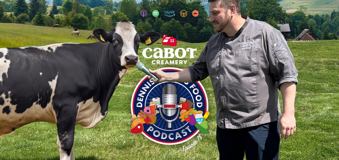 podcast logo in front of man holding microphone out to a cow in a farm field