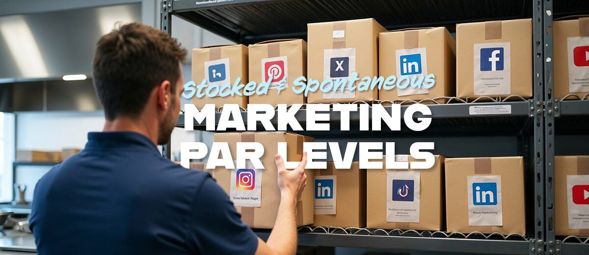 marketing par levels graphic with man standing at boxes in a pantry with social media logos on them