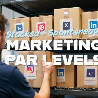 marketing par levels graphic with man standing at boxes in a pantry with social media logos on them