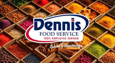 dennis logo over various small spice dishes with colorful spices in a grid