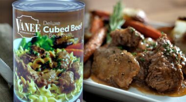 Can of Vanee Cubed Beef in Beef Broth over plate of cubed beef