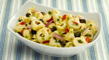 bowl of prepared tortellini salad