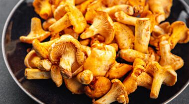 chanterelle Mushrooms grouped on a black plate