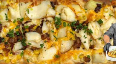 close up on smoked haddock flatbread chef inset to left holding platter of the same