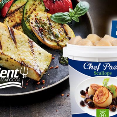 New Items graphic image including cooked salmon, black plate with prepared halibut and vegetables, tub of raw scallops, cooked scallops and cooked haddock