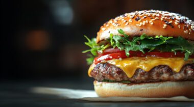 plated cheeseburger, loaded with veggies and melted cheese on a sesame seed bun