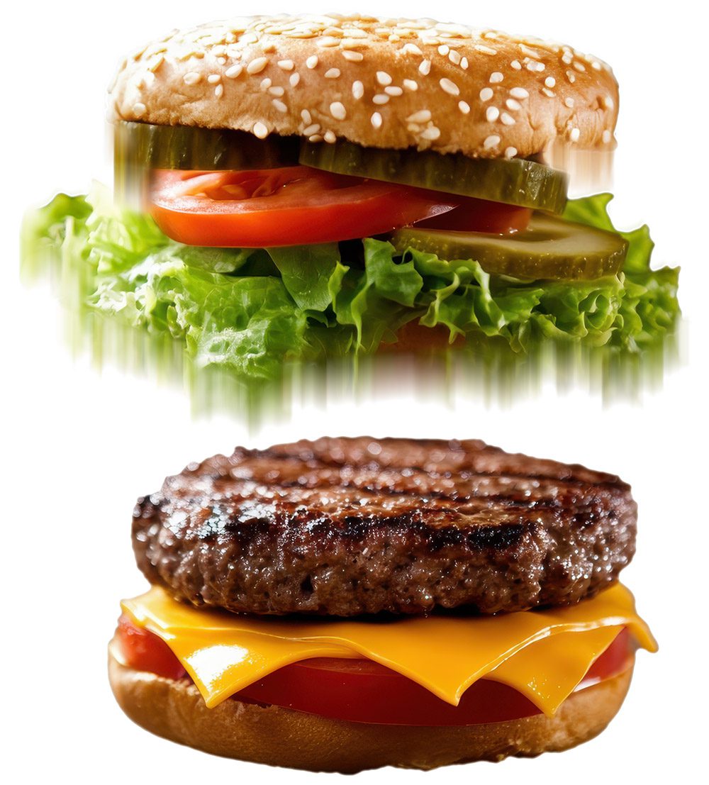 A cheeseburger with the top bun and veggies flying off revealing the patty and bottom bun with cheese