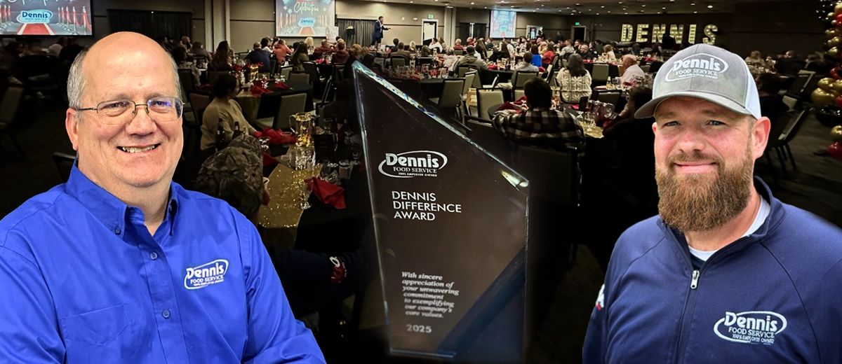 Award Winner graphic image, a man on each side, glass award in middle
