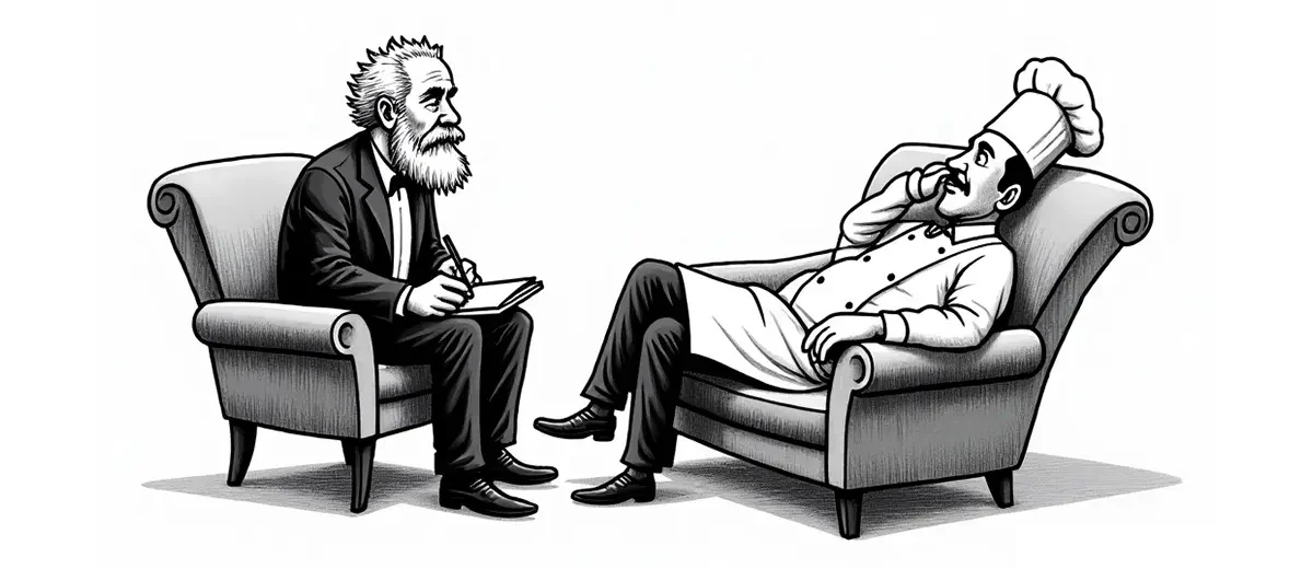 black and white cartoon, a chef on a couch talking to a therapist