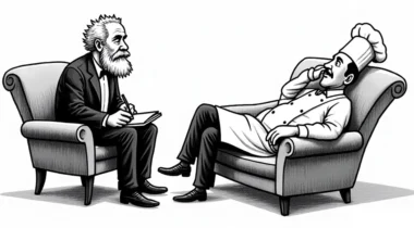 black and white cartoon, a chef on a couch talking to a therapist