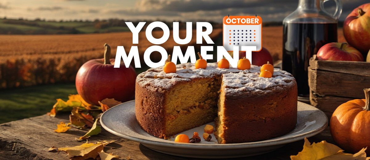 fall scene outdoors with pound cake, graphic test "your moment"