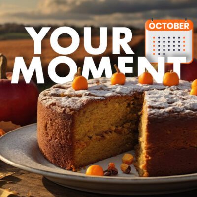 fall scene outdoors with pound cake, graphic test "your moment"