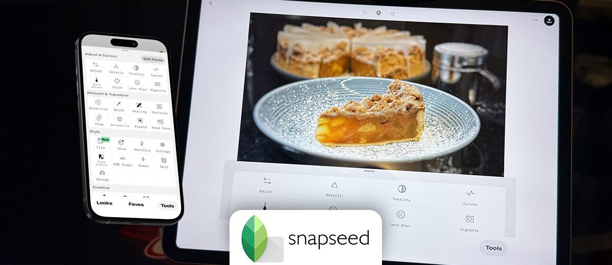 snapseed graphic with screenshots on ipad and iphone