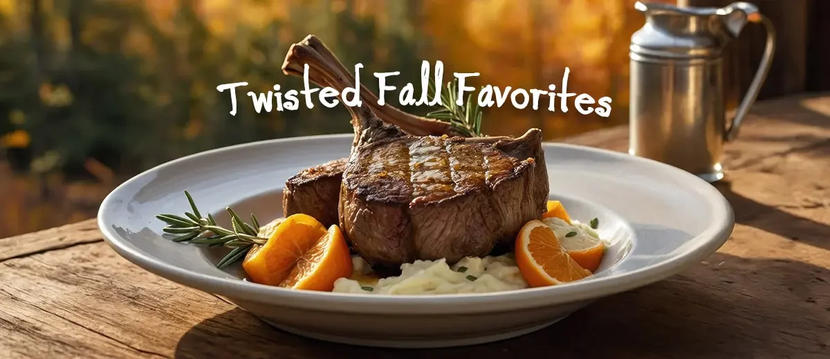 twisted fall favorites banner graphic with autumn scene pork chop dish