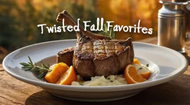 twisted fall favorites banner graphic with autumn scene pork chop dish
