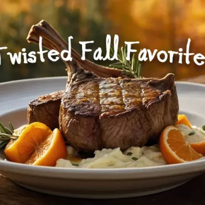 twisted fall favorites banner graphic with autumn scene pork chop dish