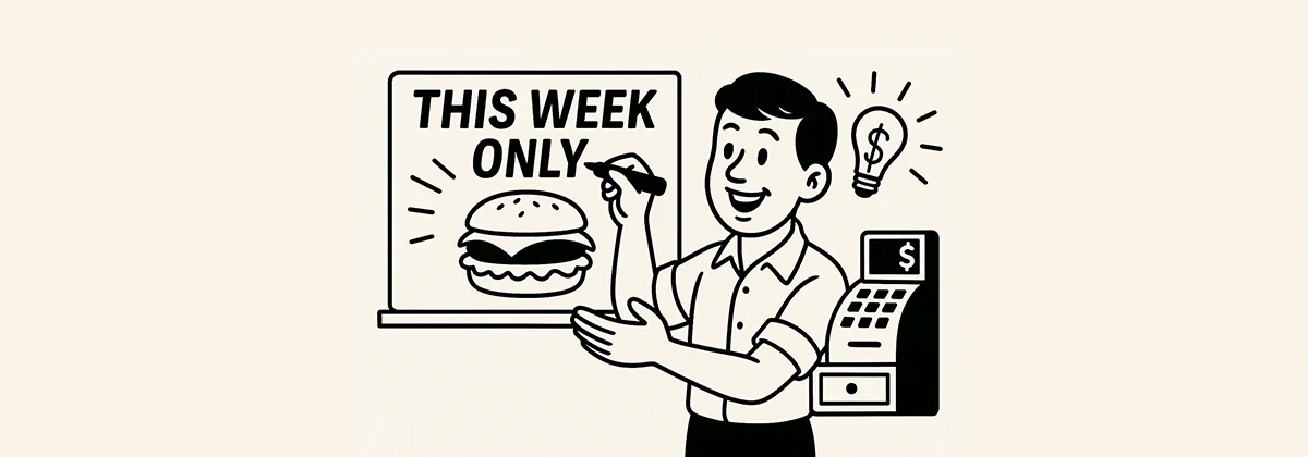 black and white cartoon illustration of a man with a sign that says "this week only" with a picture of a cheeseburger