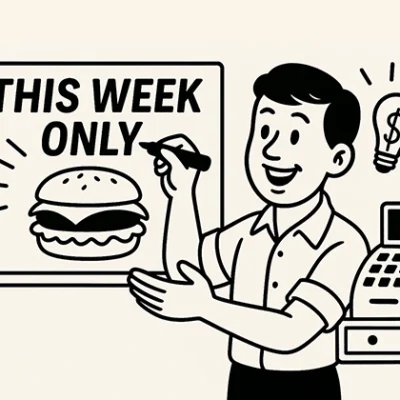 black and white cartoon illustration of a man with a sign that says "this week only" with a picture of a cheeseburger