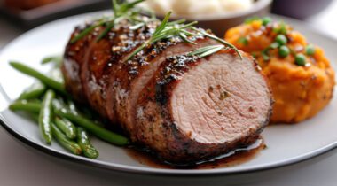 cooked pork loin on a plate with a side of sweet potatoes and green beans