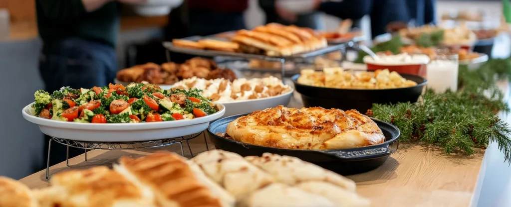 a spread of buffet foods on a table with fir tree boughs