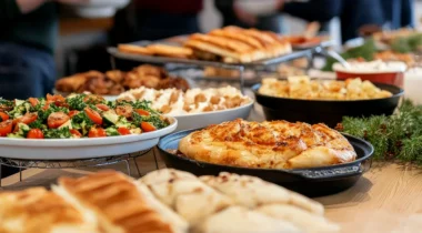 a spread of buffet foods on a table with fir tree boughs