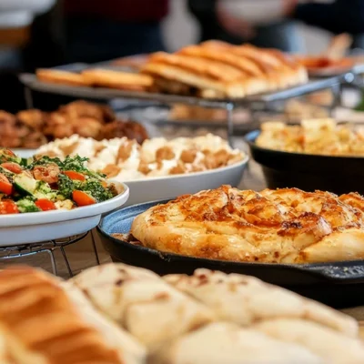 a spread of buffet foods on a table with fir tree boughs
