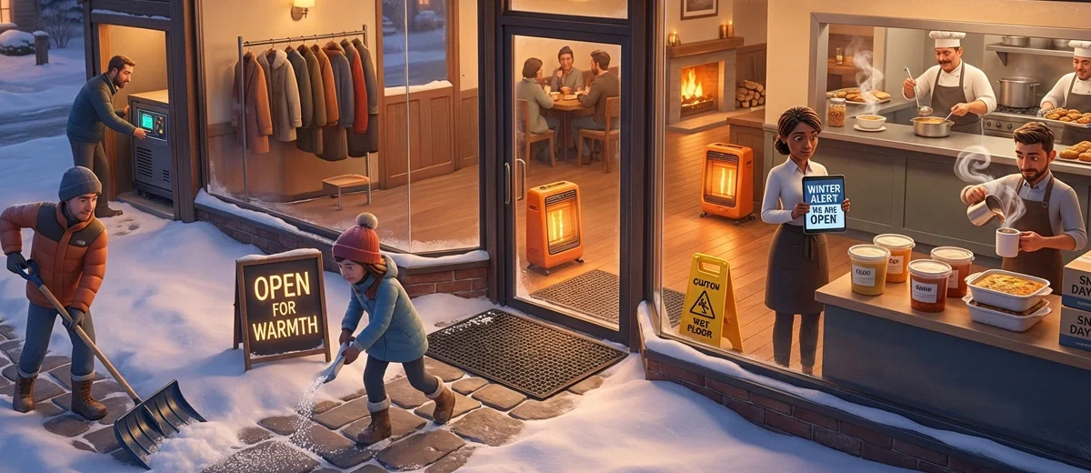 illustrated winter restaurant scene business cross section view