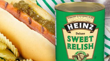 Closed #10 can of Heinz Sweet Relish graphic image over hot dog in bun with relish.