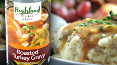 Can of Roasted Turkey Gravy beside mashed potatoes covered with light brown gravy and parsley