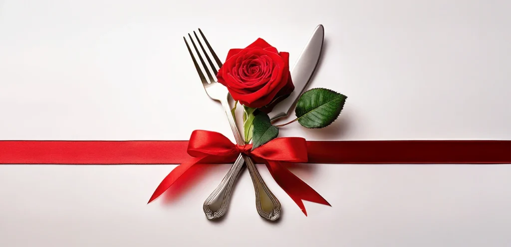 red ribbon on a white background forming a bow over a crossed fork, knife, and rose