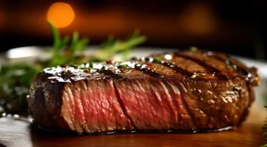 sliced medium rare steak side shot