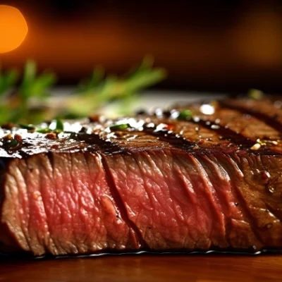 sliced medium rare steak side shot