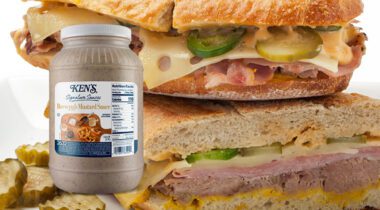 Cuban sandwich with inset gallon jug of mustard