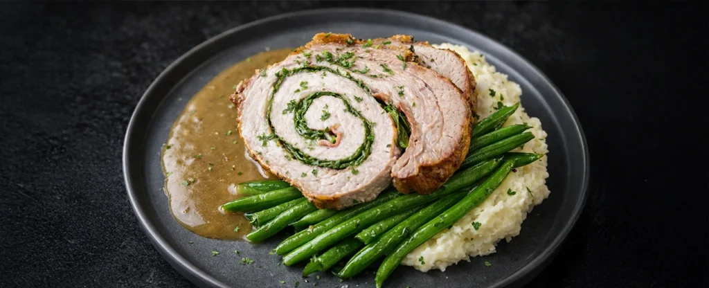 plated food, stuffed pork loin pinwheel with green beans, and mashed potatoes on a gray play with light brown gravy, dark background