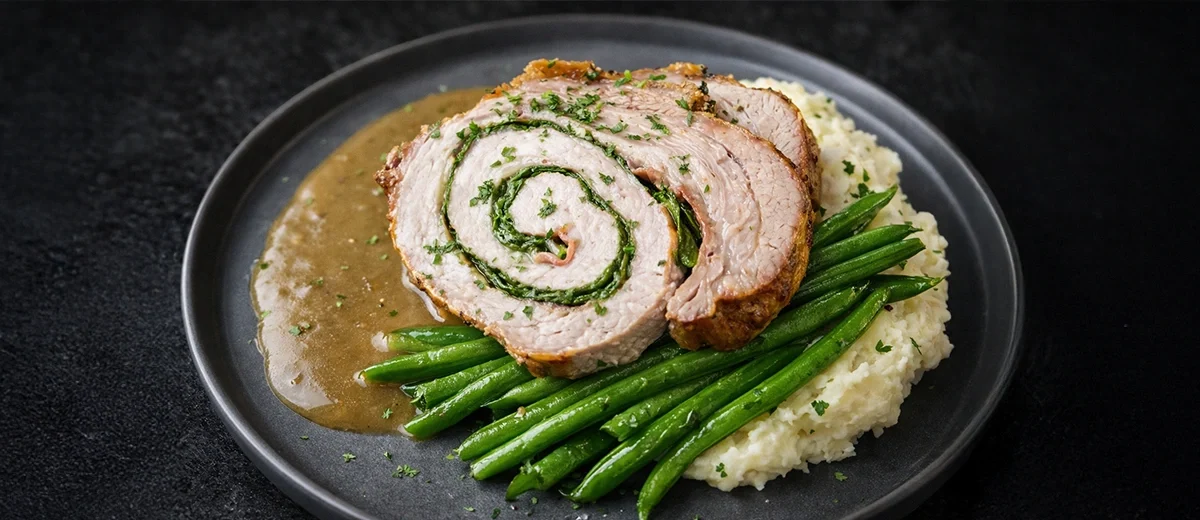 plated food, stuffed pork loin pinwheel with green beans, and mashed potatoes on a gray play with light brown gravy, dark background