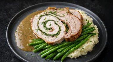 plated food, stuffed pork loin pinwheel with green beans, and mashed potatoes on a gray play with light brown gravy, dark background