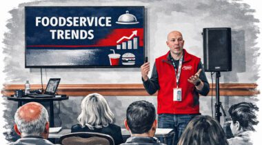 illustration of man in red vest talking to audience, foodservice trends is displayed on a monitor behind the speaker