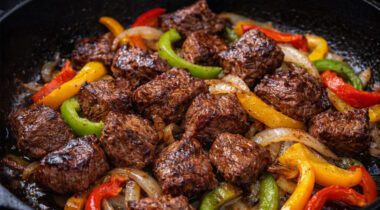 cooked beef tips with yellow, red and green peppers and white onions