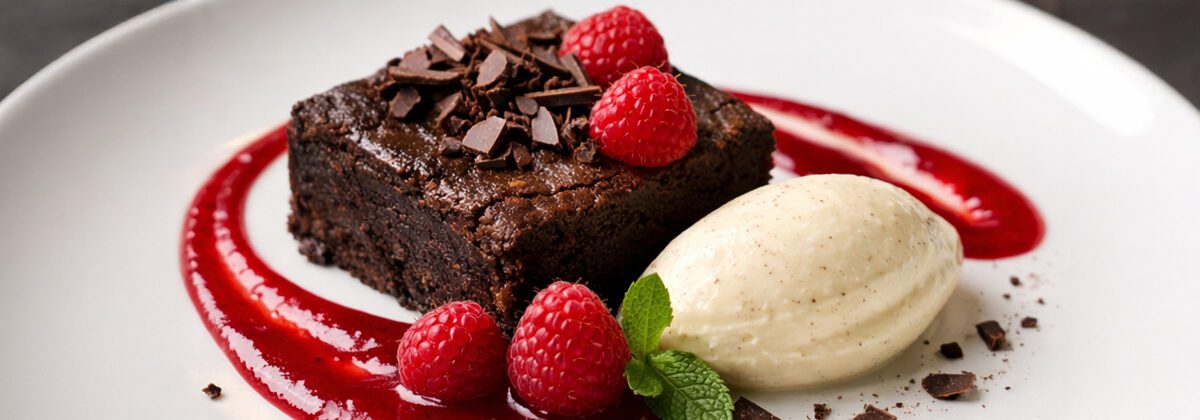Decadent brownie with raspberry coulis, fresh raspberries, dollop of white ice cream and chocolate shavings on white plate.