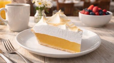 Slice of Lemon Meringue Pie on a table in a cafe setting