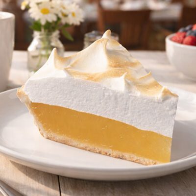 Slice of Lemon Meringue Pie on a table in a cafe setting