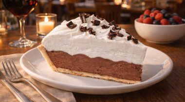 chocolate cream pie on a table in a restaurant