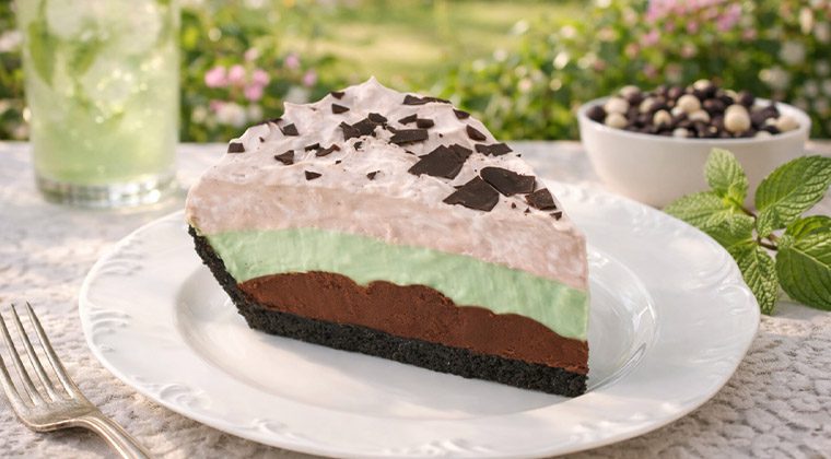 a slice of chocolate mint cream pie