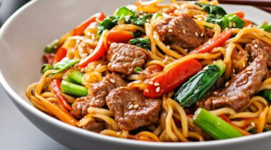 Beef lo mein bowl with stir fried noodles and vegetables