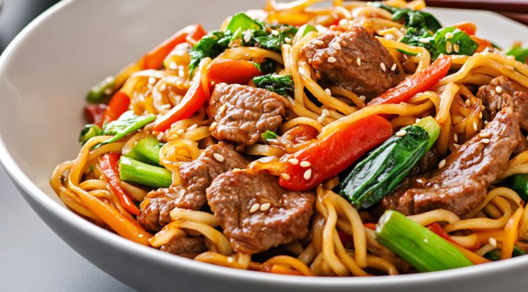 Beef lo mein bowl with stir fried noodles and vegetables