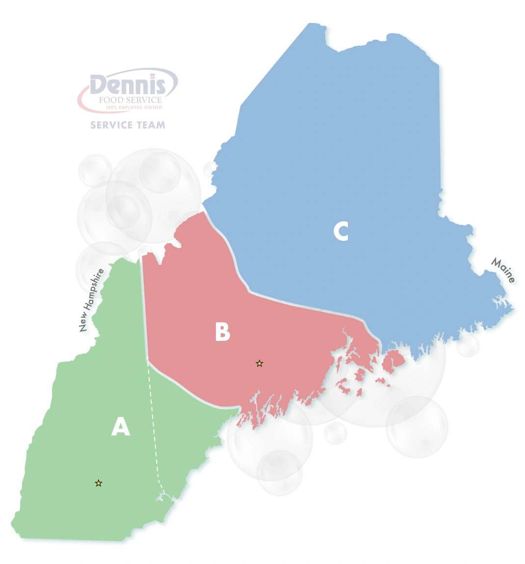 map graphic of maine and new hampshire with 3 colored regions