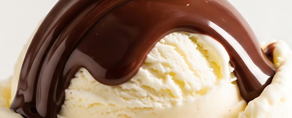 hot fudge pouring over vanilla ice cream
