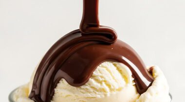 hot fudge pouring over vanilla ice cream