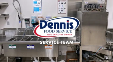 dennis service logo graphic of stainless steel 3-bay sink and dishwasher photo