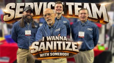 4 men in blue denim shirt in an album art style graphic with text that says I Wanna Sanitize With Somebody